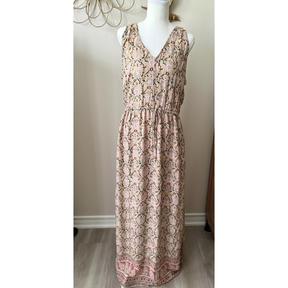 Lucky Brand Boho Maxi Dress‎ L Floral Sleeveless Elastic Waist Festival Vacation